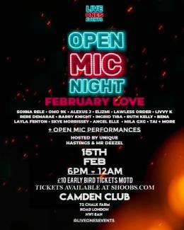 Live Ones Open Mic Night at The Camden Club on Wednesday 15th February 2023