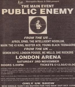 PUBLIC ENEMY at London Arena on Saturday 3rd November 1990