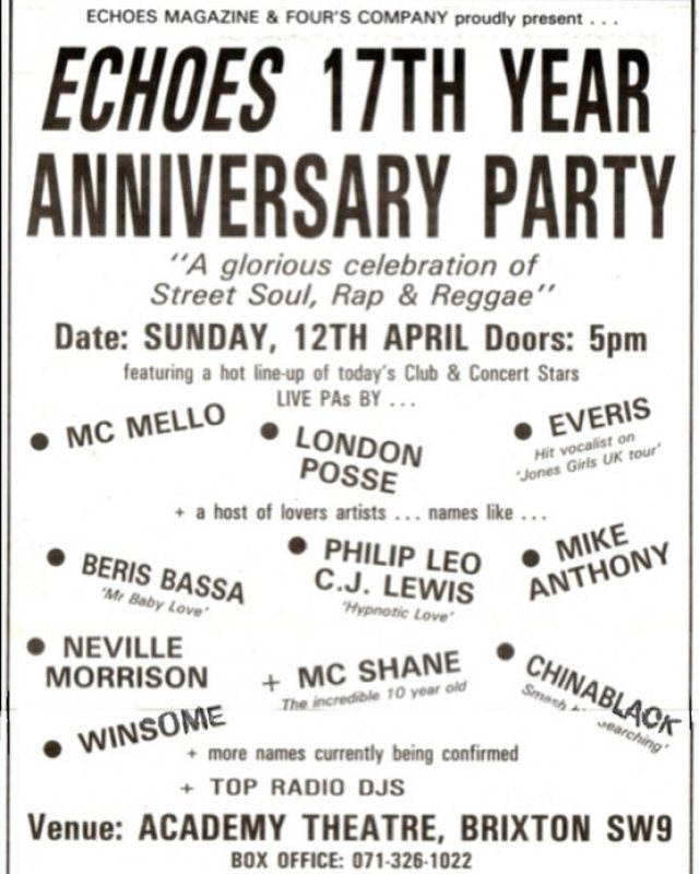 ECHOES 17TH ANNIVERSARY PARTY at Brixton Academy on Sun 12th April 1992 Flyer
