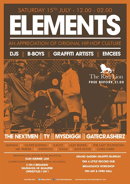 Elements: An Appreciation of Original Hip-Hop Culture at The Red Lion on Sat 15th July 2017 Flyer