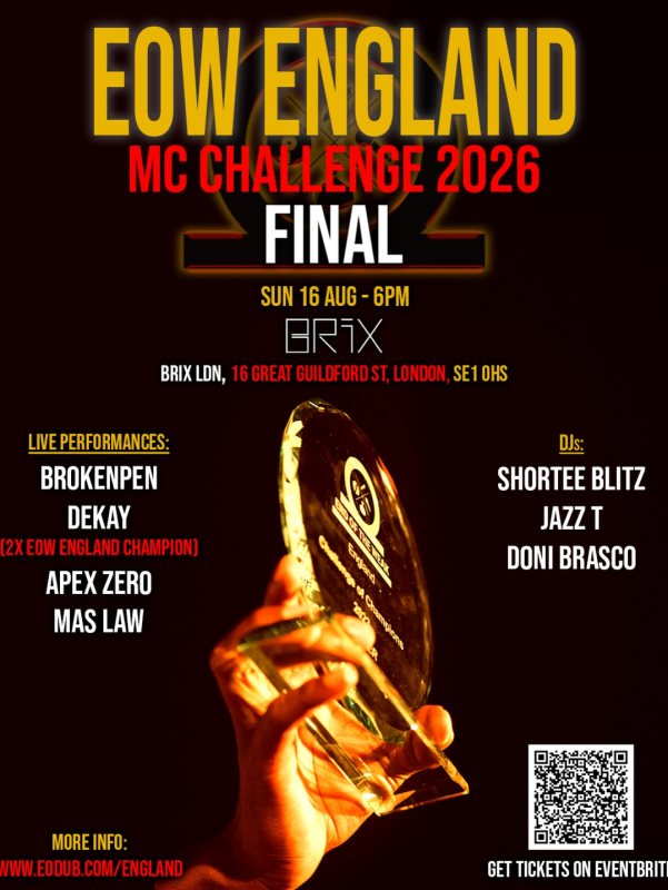 EOW ENGLAND MC CHALLENGE 2026 FINAL at BRIX LDN on Sun 16th August 2026 Flyer