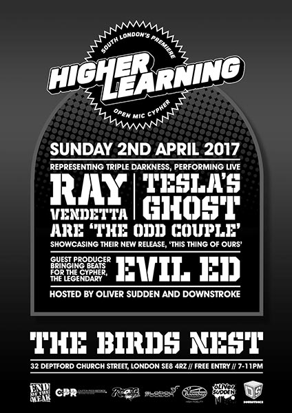 Higher Learning at The Birds Nest on Sun 2nd April 2017 Flyer