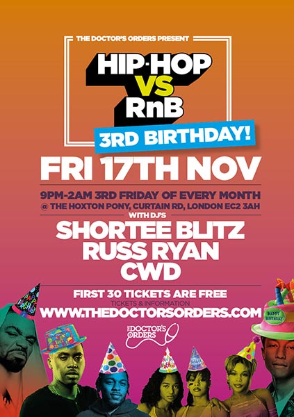 Hip Hop vs RnB 3rd Birthday at The Hoxton Pony on Fri 17th November 2017 Flyer