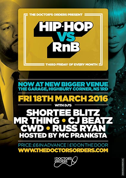 Hip Hop vs RnB at The Garage on Fri 18th March 2016 Flyer