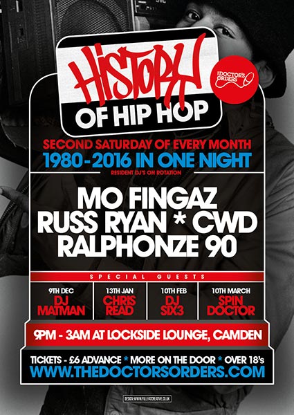History of Hip Hop at Lockside Camden on Fri 9th December 2016 Flyer