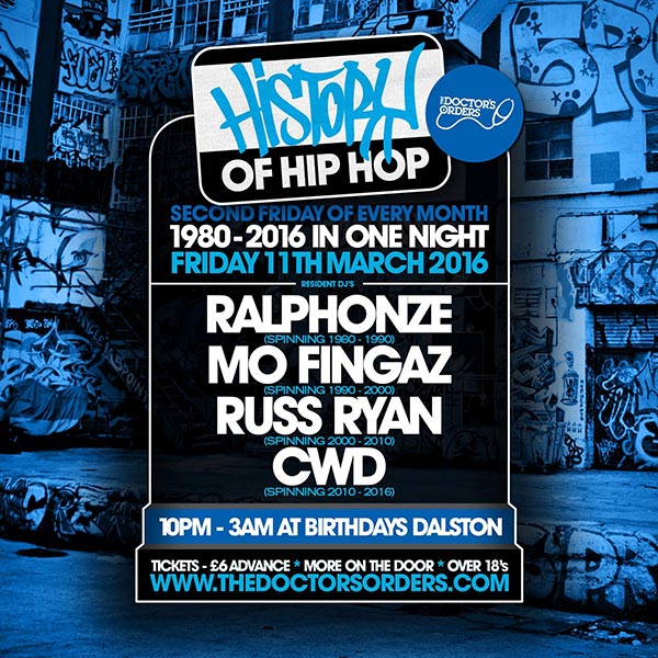 History of Hip Hop at Birthdays on Fri 11th March 2016 Flyer