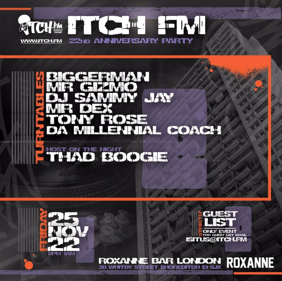 Itch FM 22nd Anniversary Party at Roxanne Bar London on Fri 25th November 2022 Flyer