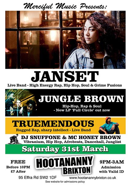 Janset + Jungle Brown at Hootananny on Sat 31st March 2018 Flyer