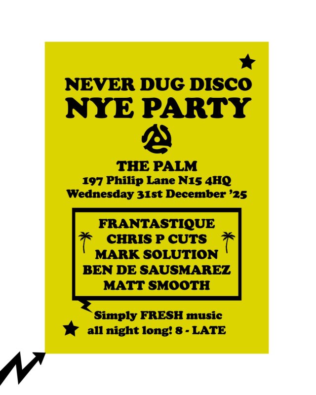 Never Dug Disco NYE PARTY at The Palm on Wed 31st December 2025 Flyer