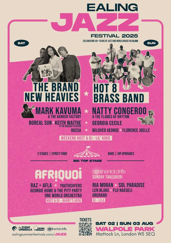Ealing Jazz Festival 2025 Sunday at Walpole Park on Sun 3rd August 2025 Flyer